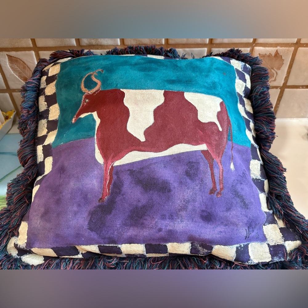 Folk Art Hand-painted Vintage Bull Cow 🐂 Pillow Cover with Fringe
